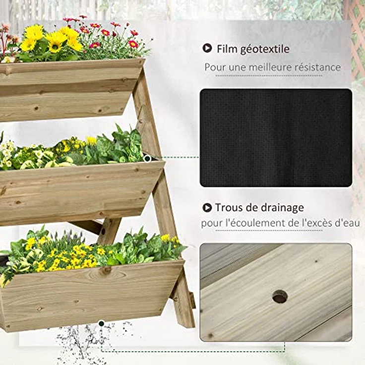 Outsunny Hochbeet Blumentreppe Holz Blumenleiter mit 3 Ablagen Pflanzentreppe Pflanzregal Pflanzenständer Blumenregal Blumenständer Natur 71 x 61 x 77 cm – Bild 5