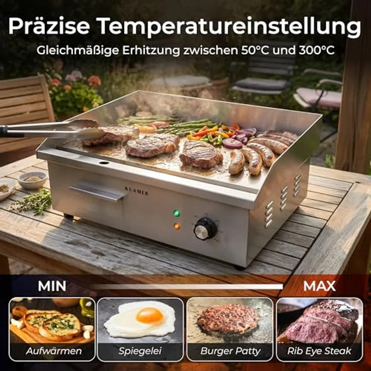 KLAMER Elektrogrill XL, 3000W Edelstahl mit 54,5x38,5 cm Grillplatte, stufenlos einstellbar 50–300°C, mit Spritzschutz und Auffangbehälter für Balkon & Gastronomie – Bild 3
