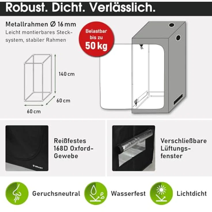 BRAST Growzelt GrowBox Komplettset 60x60x140cm, Vollspektrum LED Technologie, Belüftungs- & Bewässerungssystem, licht- und wasserdicht – Bild 5