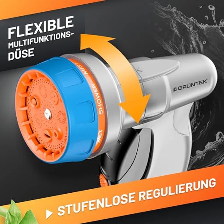 GRÜNTEK Garten-Handbrause, 7-Funktionen Multifunktions-Bewässerungspistole, ergonomischer Griff, stufenlos regulierbare Wassermenge, 150 g leicht – Bild 3