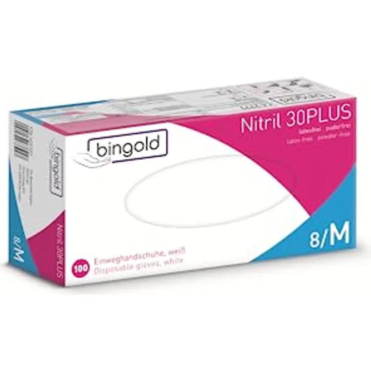 Einmalhandschuhe BINGOLD Nitril 30PLUS, Nitrilhandschuhe, weiß, Größe M, 100-er Pack