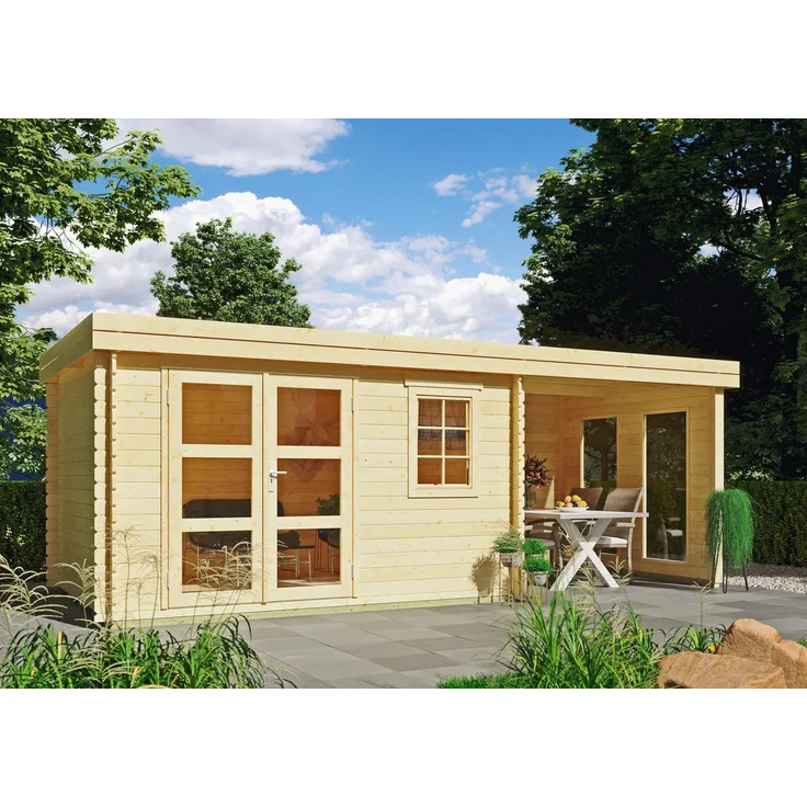 Kiehn-Holz Gartenhaus Tollensesee, Flachdach mit offenem Unterstand, BxT: 605x282 cm, aus naturbelassenem Fichtenholz