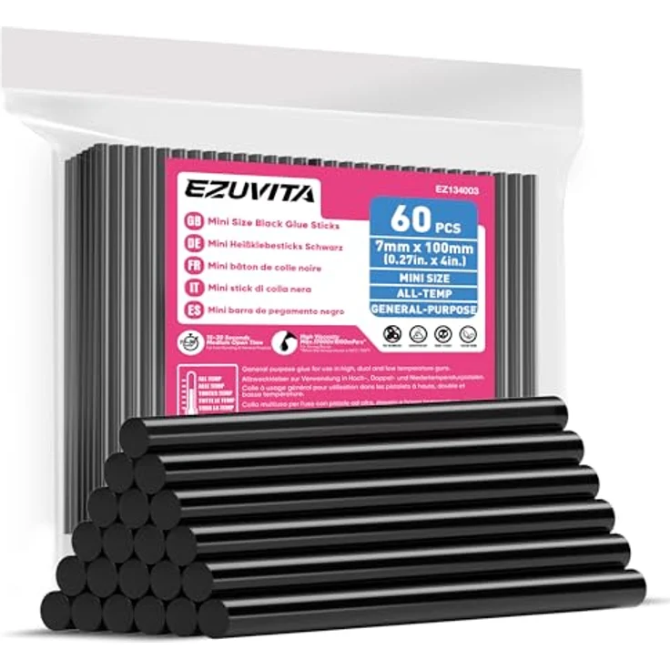 EZUVITA Mini-Heißklebesticks, 60 Stück, 7 x 100mm, Schwarze Heißklebestifte, kompatibel mit Heißklebepistolen für hohe und niedrige Temperaturen, schnelle Aushärtung, vielseitige Anwendung – Bild 1