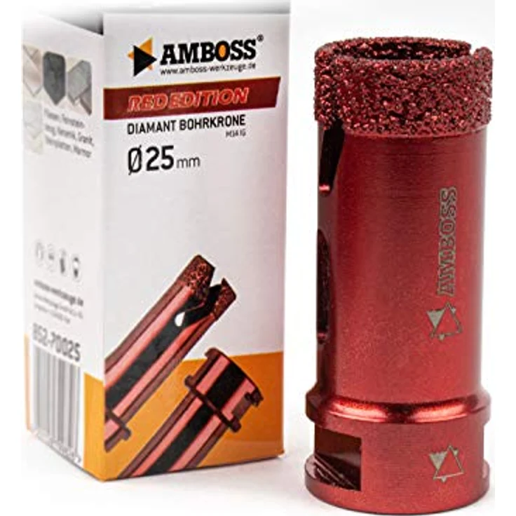 Amboss RED EDITION M14 Diamant Bohrkrone - für Winkelschleifer - Feinsteinzeug, harte Fliesen, Granit/Die ideale Trockenbohrkrone (Ø 25 mm) – Bild 1