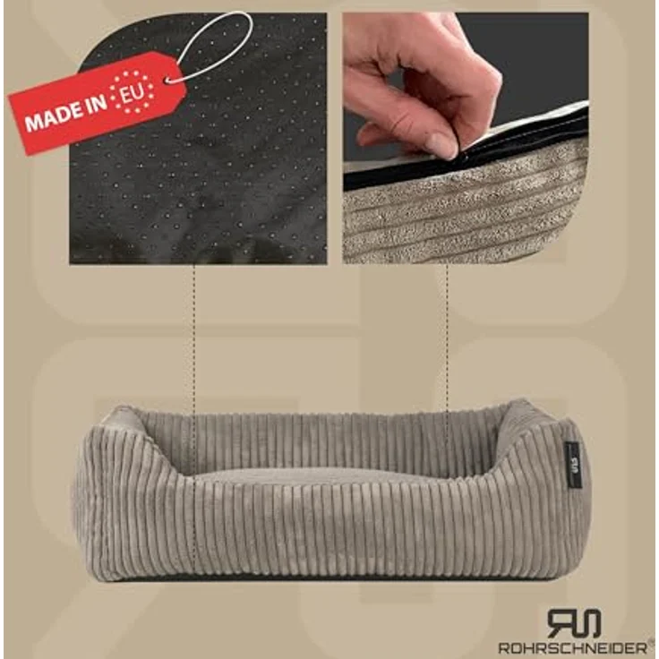 Rohrschneider Hundebett | für kleine Hunde | mit Hundekissen Cord | waschbarer Bezug | inkl. Futternapf (Taupe, 55 x 42 cm) – Bild 2