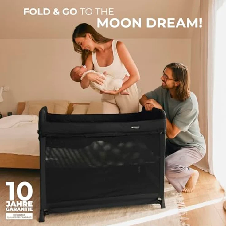Kinderkraft Moon Dream Reisebett, zweistöckiges Babybett mit Tragetasche und Matratze, klappbar, schwarz – Bild 2