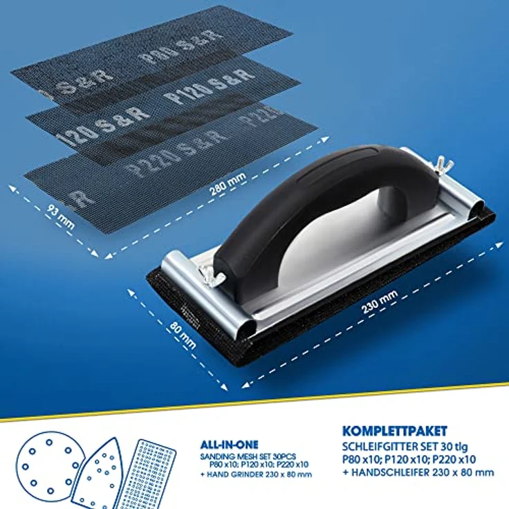 S&R Trockenbau Schleifgitter Set, 30 Gitterleinen Schleifblätter (je 10 x P80, P120, P220), 280 x 93 mm, mit Handschleifer 240 x 80 mm, robustes Siliziumkarbid Korn, ideal für Rigips, Holz, Metall – Bild 2