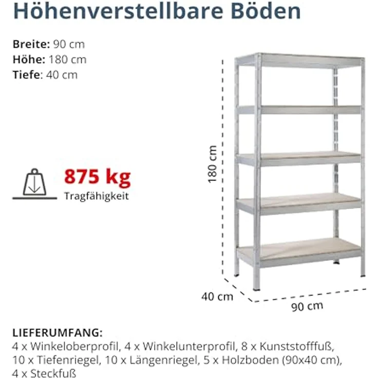 Schulte Regalwelt Schwerlastregal mit 5 Holzböden, 180x90x40cm Regalsystem, Steckregal mit einfacher Montage ohne Verschrauben, Traglast je Boden bis zu 250 Kg (bis zu 1250 Kg Gesamttraglast) – Bild 2