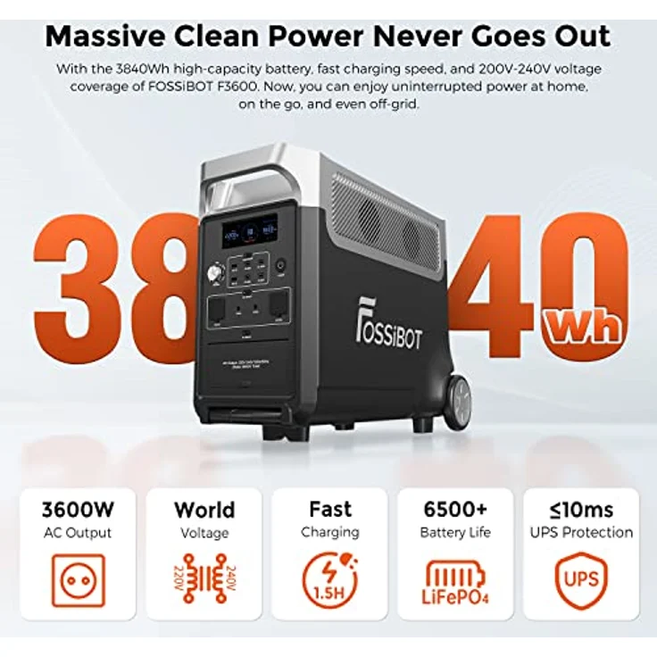 FOSSiBOT F3600 Solargenerator, 3840Wh LiFePO4 Tragbare Powerstation mit USV, 3x230V AC Ausgang 3600W (7200W Peak), Stormerzeuger 2200W Schnelles Stromspeicher Aufladen für Reise, Outdoor-Camping – Bild 2