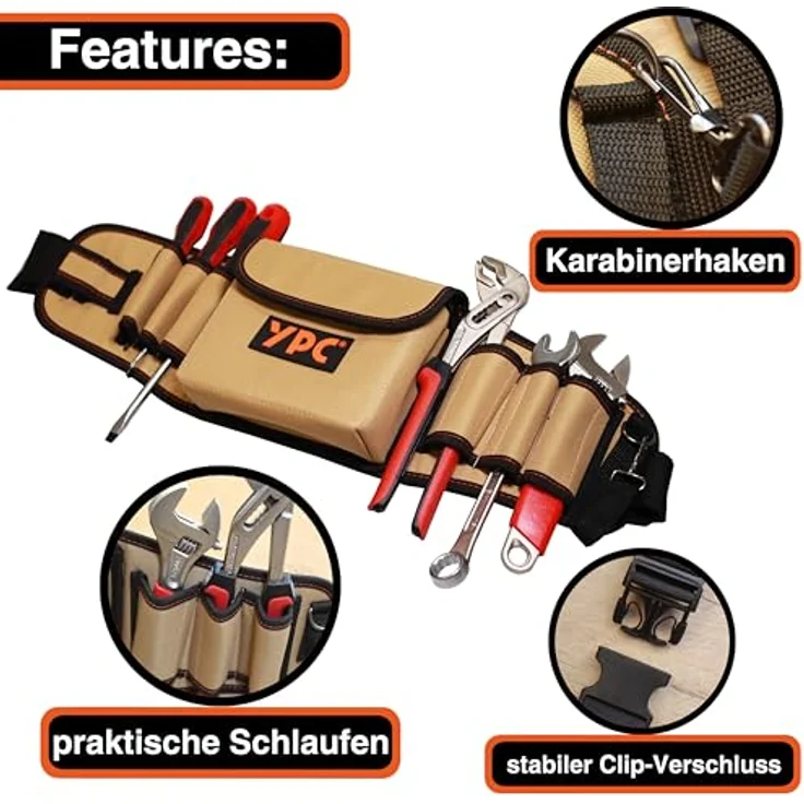 YPC ProBelt – Profi-Werkzeuggürtel mit großer Nageltasche, 7 Steckfächern, Hammerschlaufe, wasserfestem Oxford 600D Polyester, Farbe Khaki, Grau oder Blau – Bild 4