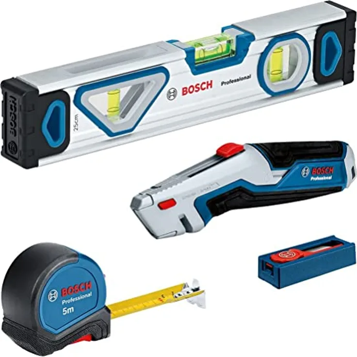 Bosch Professional 13 tlg. Profi Werkzeug Set (inkl. 25cm Wasserwaage, 5m Maßband, Universal Messer mit ausziehbarer Klinge und 10 tlg. Klingen Set), Bule