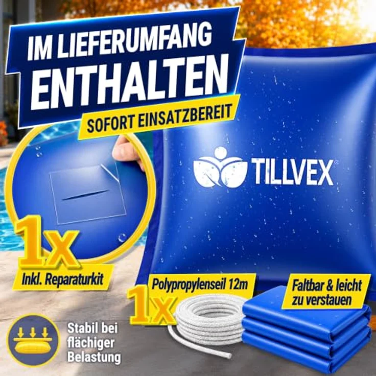 tillvex® Poolkissen Winter XXL 120x120cm, frost- & chlorbeständig bis -20°C, inkl. 12m Seil & Reparaturkit, geeignet für Poolüberwinterung – Bild 8