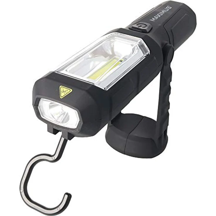 Maximus Arbeitlampe M-WKL-012-DU, LED COB Handlampe mit 240/60 Lumen, 90° drehbar, stoßfest und spritzwassergeschützt, inkl. 3xAA Batterien – Bild 2