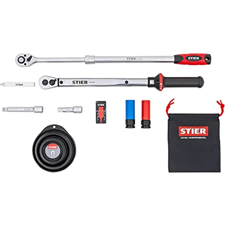 STIER Rad-Montage-Set 1/2'' Drehmomentschlüssel, 40-200 Nm, im stabilen Koffer, extra hohe Auslösegenauigkeit, Verlängerungen für Tiefbettfelgen – Bild 1