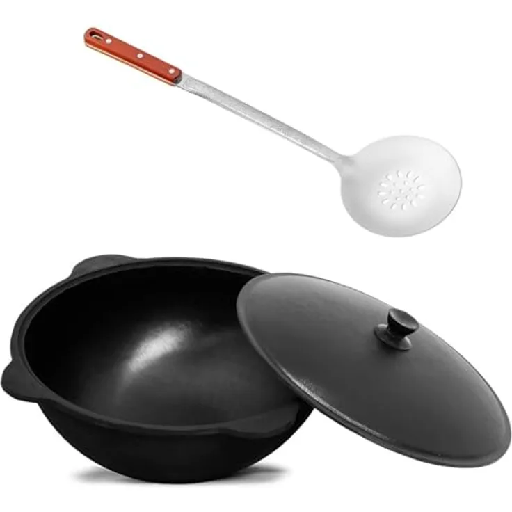 Wok Gusseisen 12 L (runder Boden) Kazan mit Schaumkelle NAMANGAN Uzbek Kasan Uzbekisch Asia WOK Cast Iron KESSEL Camping Usbek Schwenktopf Topf mit Aluminium Deckel Grillwok Gusstopf Wokpfanne