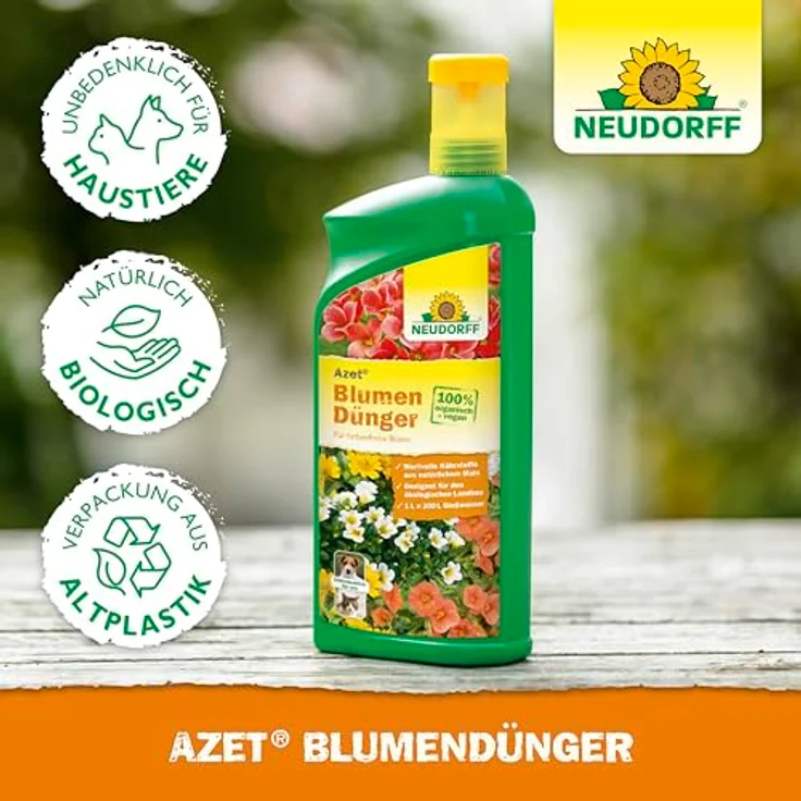 Neudorff Azet Blumendünger Bio, 1L flüssig, 100% organisch und vegan für 200L Gießwasser, ideales Balkon- und Zimmerpflanzendünger mit Dosierbecher – Bild 6