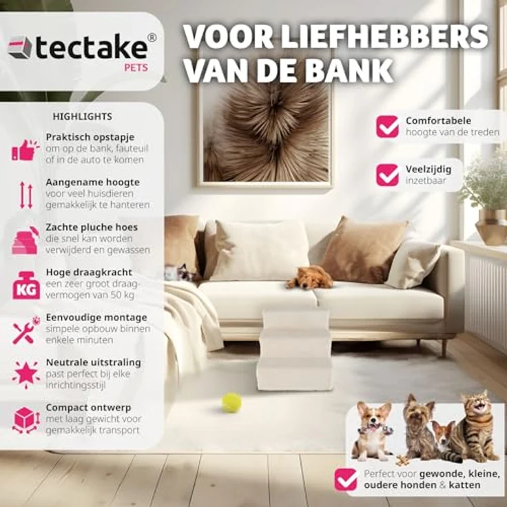 tectake® Hundetreppe oder Katzentreppe, Haustiertreppe, Einstiegshilfe mit waschbarem Bezug, extra Flache Treppenstufen, Tiertreppe für Sofa, Bett oder Auto (Sand) – Bild 2