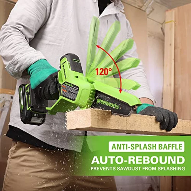 Greenworks G24MCS10K2, 24 Volt Mini Akku Kettensäge mit 450 Watt, Akku und Ladegerät, leicht und handlich – Bild 9