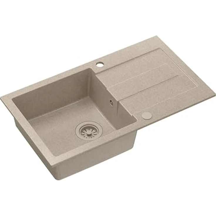 Quadron Granitspüle CHRISTIAN 111, Beige, 78 x 45 x 18,5 cm, Einzelbecken mit Abtropffläche und manuellem Siphon, stoß- und kratzfest, fleckenbeständig – Bild 1