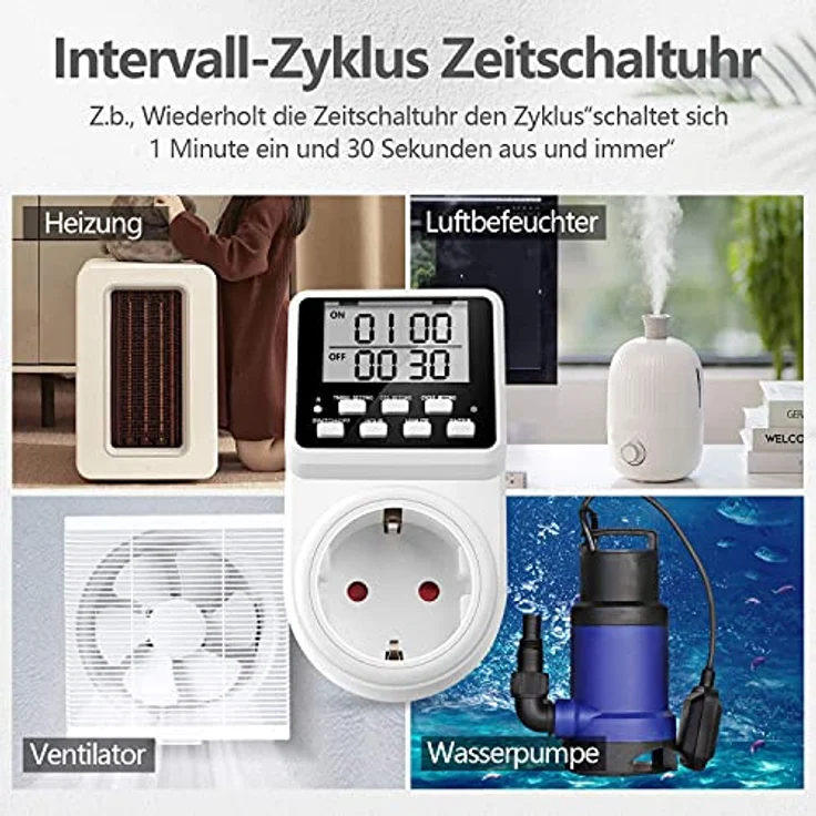 NOVKIT Intervall Digitale Zeitschaltuhr Steckdose, unendlicher Zyklus, 3 Schaltprogramme, Countdown, 230V / 16A / 3600W – Bild 3