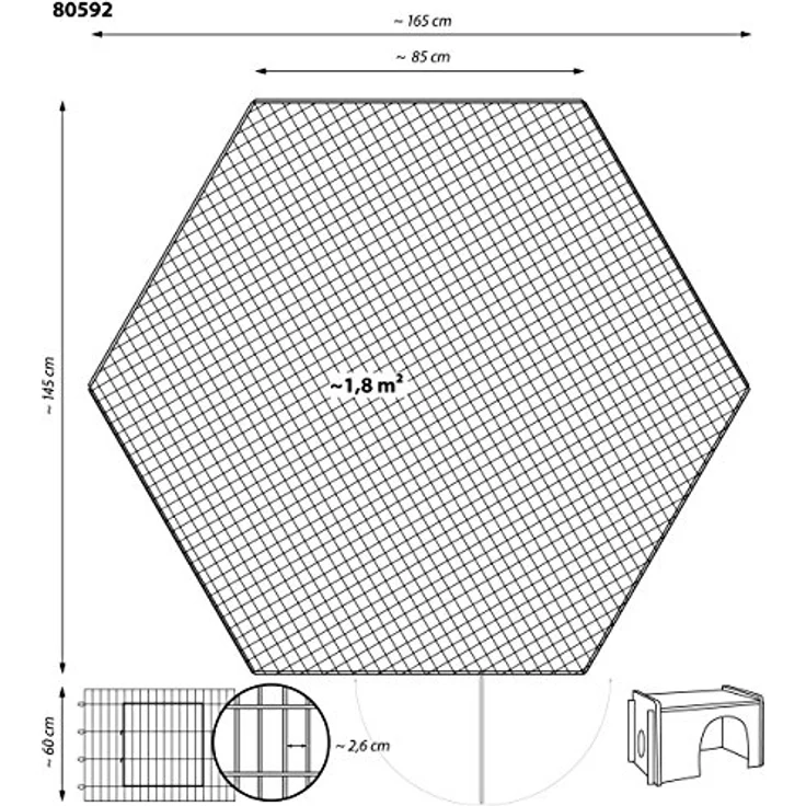dobar® 80592 6-eckiges Freigehege mit Schutznetz - verzinkter Auslauf für Nagetiere - Wetterfestes Kaninchengehege mit Nagerhaus - 165 x 145 x 60 cm - Silber – Bild 2