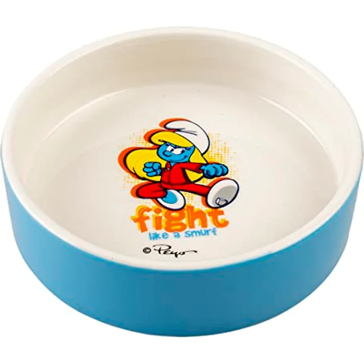 Smurfs duvoplus, La Schlumpfenapf 300 ml – 14,2 x 14,2 x 4 cm, glasierte Keramik, robust und stabil, für Nassfutter, Trockenfutter und Wasser, spülmaschinenfest