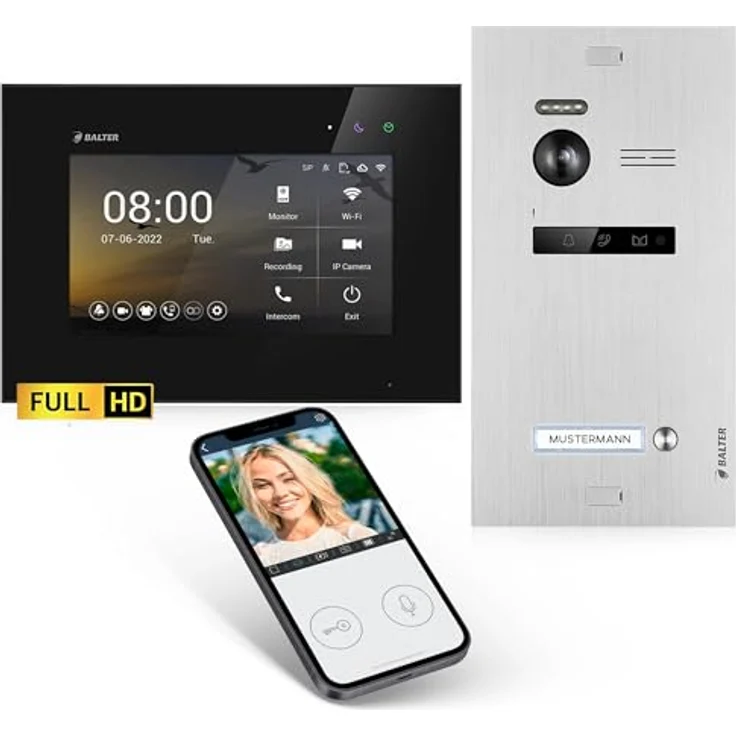 Balter EVO HD Video-Türsprechanlage, Komplettset für Einfamilienhaus, 7 Zoll Monitor, Full HD Kamera, Schwarz – Bild 1