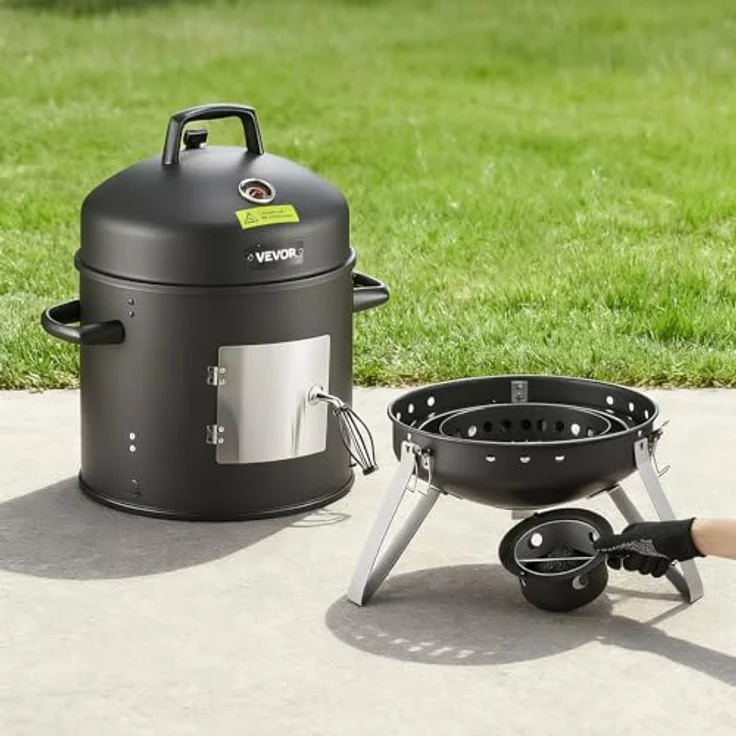 VEVOR Räuchertonne, 40 cm vertikaler Holzkohlegrill aus beschichtetem Stahl mit 2 Grillrosten, Thermometer und herausnehmbarer Ascheschale, BBQ Räucherofen für Grillpartys – Bild 8