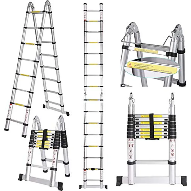 5 M Teleskopleiter Auszeihleiter aus Hochwertigem Aluminium Leiter Aluleiter Mehrzweckleiter Teleskop Design bis 150 Kg Belastbar (5 M 2.5+2.5)