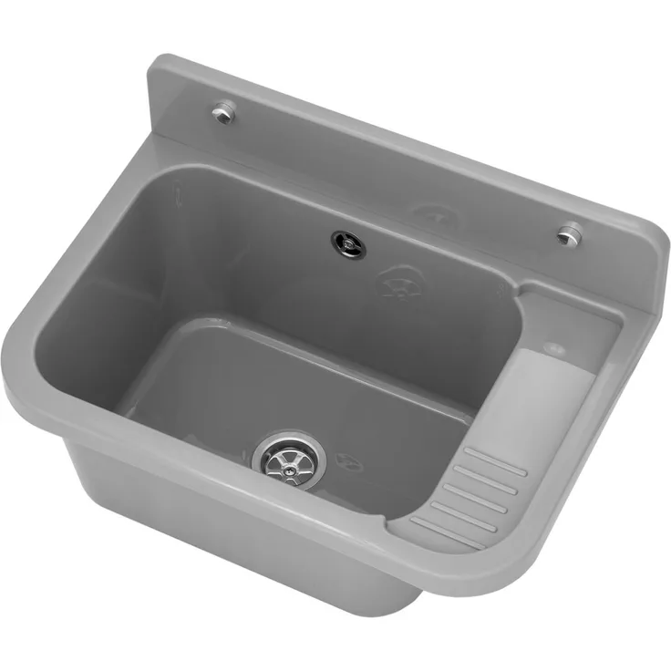 Granitan Kunststoffspüle Ausgussbecken aus Polypropylen - Waschtrog mit Siphon 50x34x31 cm, Waschbecken, Garagenspüle mit FLEX-Spülbeckenarmatur, resistent gegen Flecken und Verfärbungen, in hochwertigem Weiß.