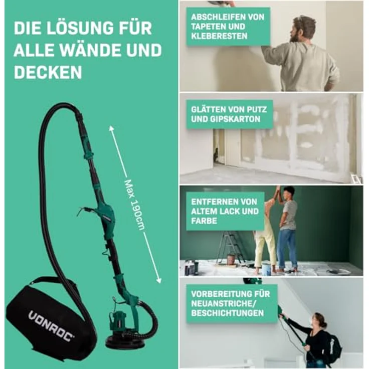 Vonroc - Deckenschleifer Wandschleifer 1050W - Ideal für Decke und Wand 180 mm – Bild 4