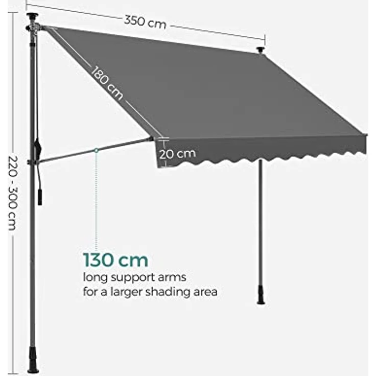 SONGMICS Klemmmarkise, 350 x 130 cm, Balkonmarkise, höhenverstellbar, mit Handkurbel, Sonnenschutz, für Balkon, Terrasse, Garten, anthrazit GSA353G02 – Bild 2