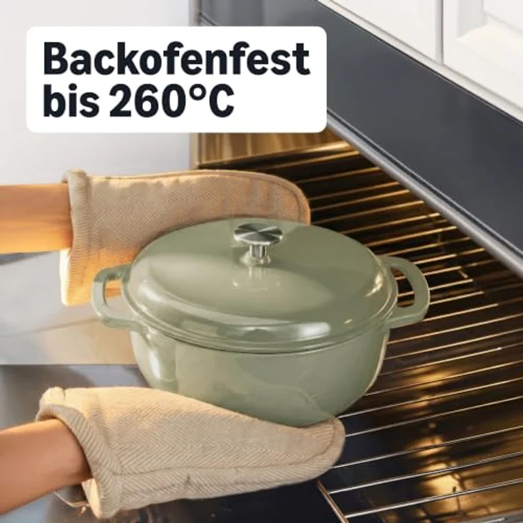 Amazon Basics Rundschmortopf, Emailliertes Gusseisen, 4,1 L, Olivgrün, mit Deckel, Backofenfest bis 260 °C, geeignet für Induktion – Bild 4