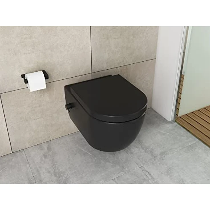 Aqua Bagno Taharet Toilette in schwarz matt, mit Absenkautomatik & Armatur, ohne Spülrand | 51,5 cm lang – Bild 4