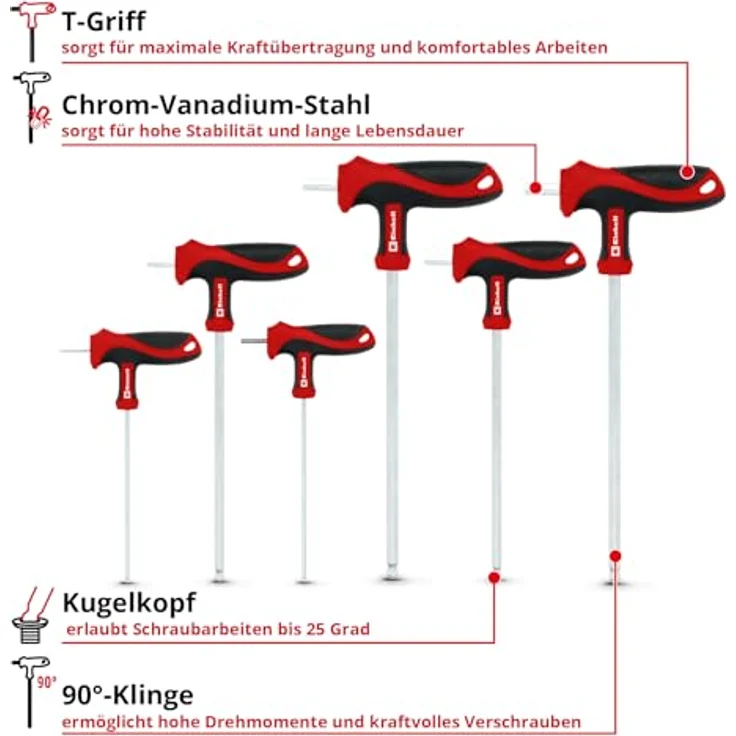 Einhell T-Griff-Schraubendreher-Set 6-tlg., CrV-Stahl, Kugelkopf, 90°-Klinge, Innensechskantschrauben für Maschinen- & Fahrzeugmontage – Bild 2
