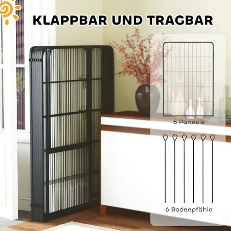 PawHut Welpenlaufstall 6-eckig, faltbares Freilaufgehege mit 6 Gitterplatten und Tür, 100 cm hoch, für Hunde und Katzen, drinnen und draußen – Bild 5
