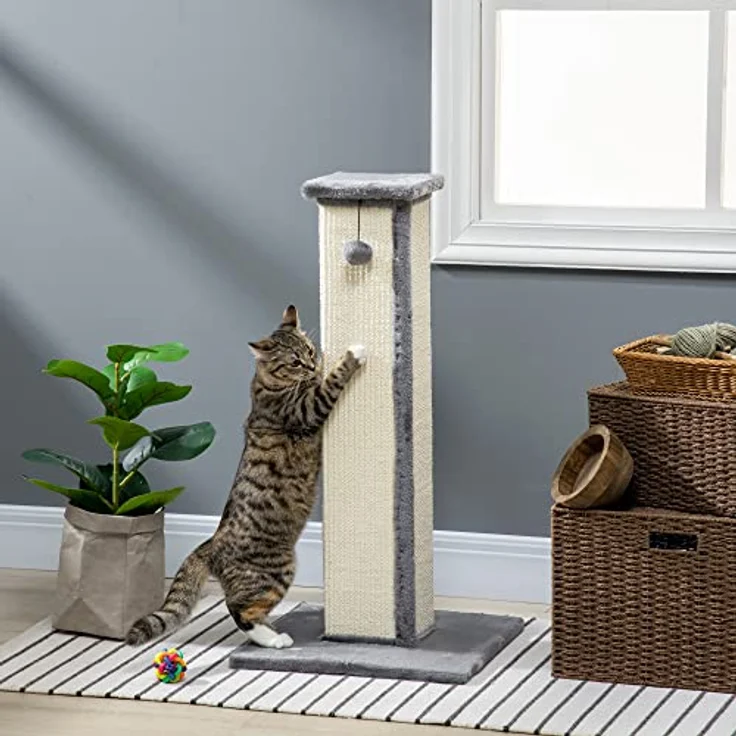 PawHut Kratzstamm, 81cm Kratzsäule, Sisal-Katzenkratzbaum mit Spielball, Kratzbaum für Katzen, Kratzmöbel für Katzen bis 5 kg, Indoor, Grau, Creme – Bild 2