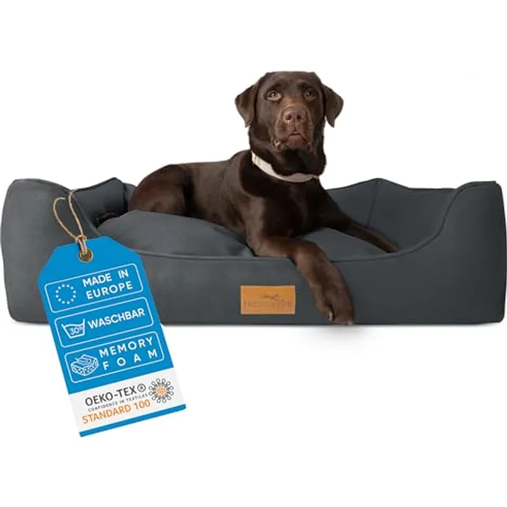 FREUDENTIER Hundebett orthopädisch Kunstleder, ergonomisches Hundesofa mit herausnehmbarem Liegekissen, waschbar, Oeko® TEX zertifiziert, für kleine, mittelgroße & große Hunde (M)