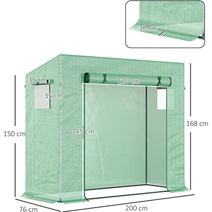 Outsunny Foliengewächshaus mit Rolltür, Seitenfenster, PE-Gitterfolie, winterfest, 200 x 76 x 168 cm, Grün – Bild 5