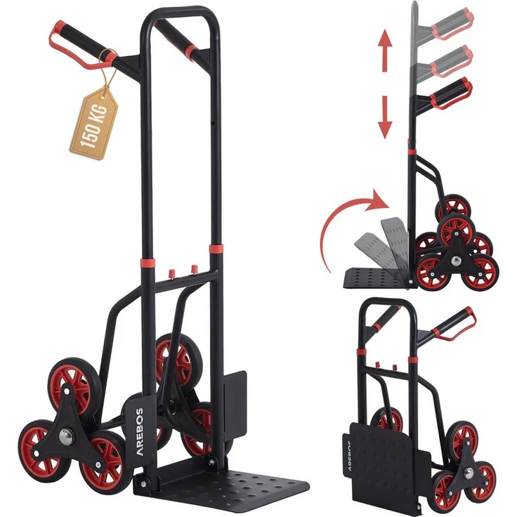 Arebos Treppensackkarre Transportkarre 150kg Treppensteiger Stappelkarre, Höhenverstellbar: 74 - 109 cm, Ladefläche: 31,1 x 28,8 cm, Schwarz - Preisvergleich – Bild 1