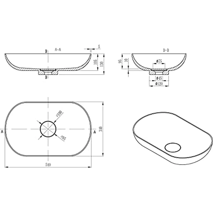 Bernstein Waschbecken O-541, Aufsatzwaschbecken aus Mineralguss - 54 x 34 x 13 cm - Farbe wählbar, Oval, Matt, mit Blende und Ablaufventil - Weiß/Grau/Weiß – Bild 3
