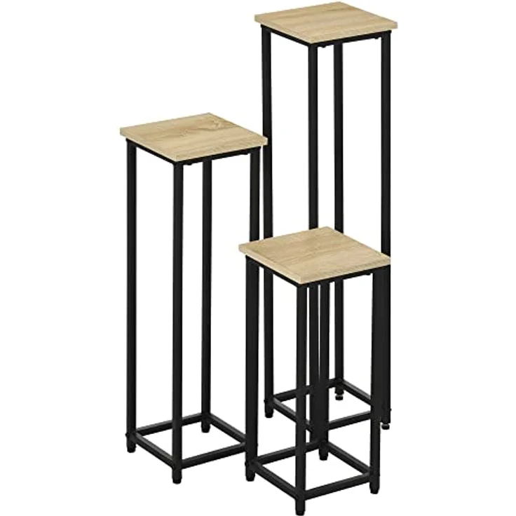 Outsunny Blumenständer im Industriedesign, 3er Set aus Stahl und Holzoptik, für Garten und Balkon, Schwarz+Natur – Bild 7