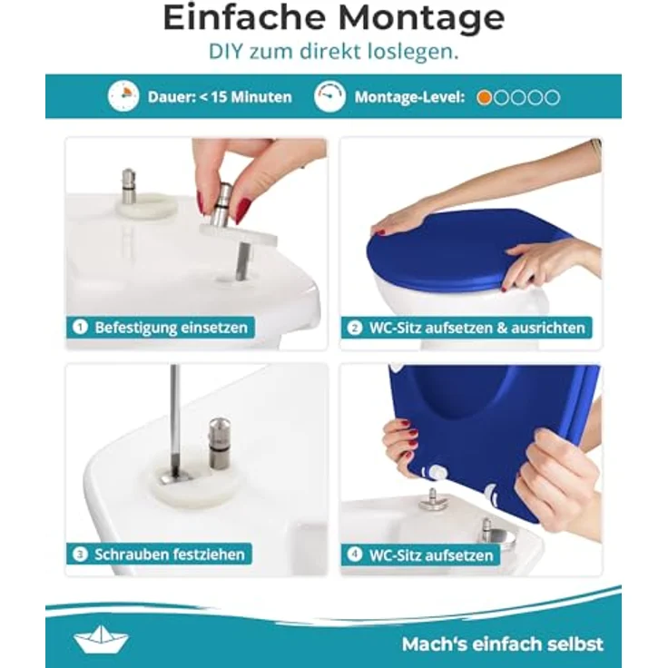 Calmwaters WC Sitz Premium Blau, Absenkautomatik, antibakteriell, abnehmbar, Duroplast, 250 kg Tragkraft, Made in EU – Bild 3