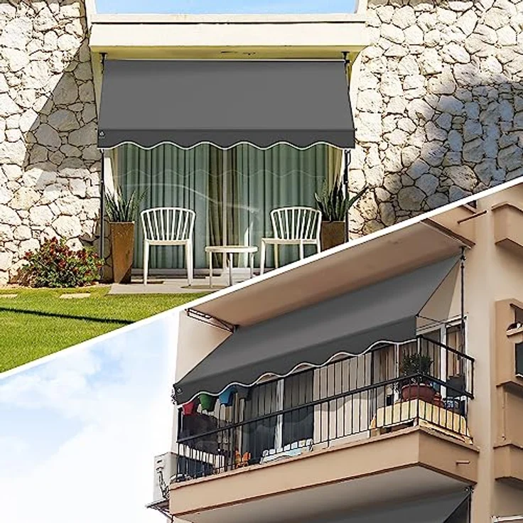 VOUNOT Klemmmarkise Balkon mit Handkurbel, höhenverstellbar Balkonmarkise ohne Bohren, UV-beständig, Wasserdicht & Sonnenschutz, 250 cm breit, Grau – Bild 2