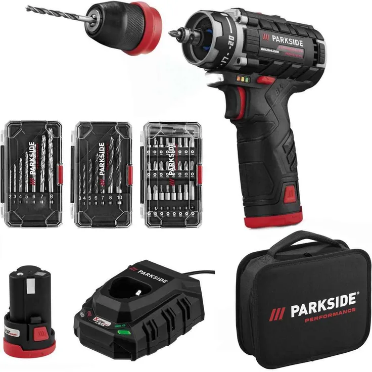 PARKSIDE® PBSPA 12 E4, Akkuschrauber-Set mit 2 Akkus, 39-tlg. Zubehör, 12 V, brushless Motor, Schnellladegerät, in Tasche