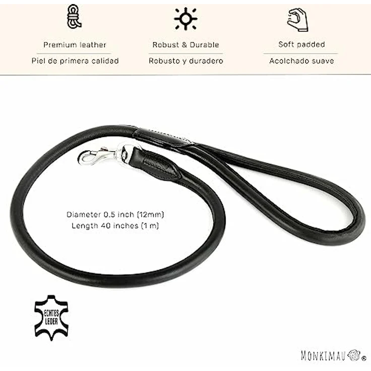 Monkimau Hundeleine Leder, 1m x 12mm für mittelgroße Hunde, schwarz, rundgenäht für zusätzliche Stabilität – Bild 5