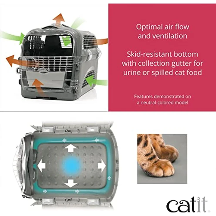 Catit Tiertransportbox Cabrio Transportbox mit Vollständiger Durchlüftung und Rutschfestem Bodenbelag, rot/grau – Bild 4