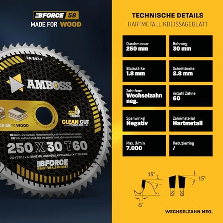 Amboss Werkzeuge HM Kreissägeblatt 250x30 Z60 Wechselzahn neg. für Holz - Kappsäge Feinschnitt. Passend zu Dewalt DWE 7492 Güde GTK 2000 PowerPlus POWX07598. Schwarz – Bild 4