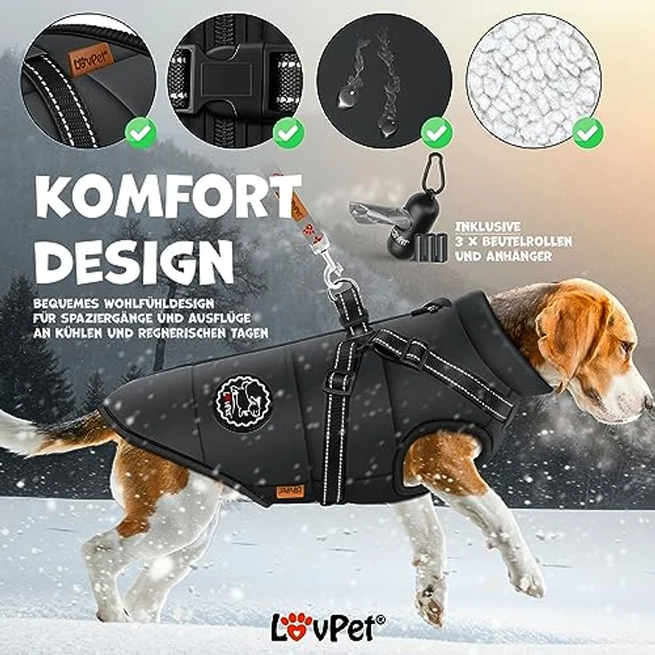 Lovpet Hundejacke Hundemantel mit Geschirr, inkl. 45 Stück Kotbeutel + Spender, Winterweste gefüttert wasserdicht, Gepolsterte Weste Mit Brustgurt, Reflektoren, D-Ring 2XL, Schwarz – Bild 3