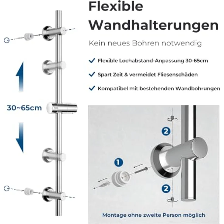 Görbach Duschset Edelstahl Duschstange mit drehbarer Duschkopfhalterung, 70 cm, Chrom, flexible Höhenverstellung und universelle Kompatibilität – Bild 4